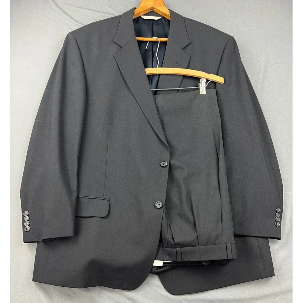 Pronto Uomo Suit Mens 48R 44W Black Worsted Wool 2PC Blazer Pleated Pants Good